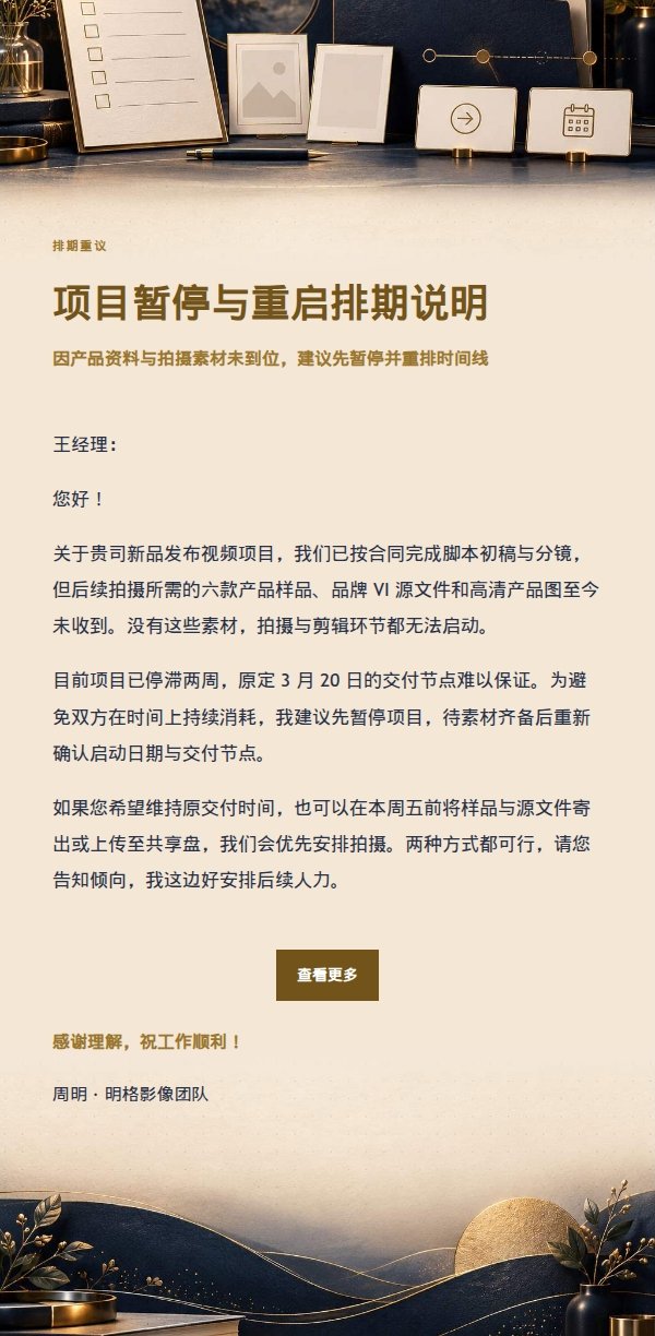 深夜鎏金信笺 · 客户材料与排期确认函 2