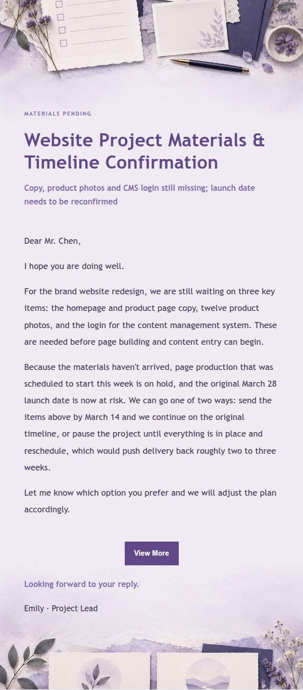 Lilac Paper Client Material Reminder & Timeline Options