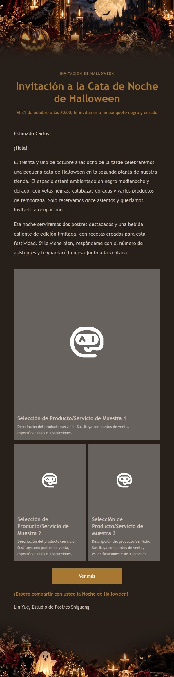 Invitación de Noche de Halloween con Filigrana Dorada