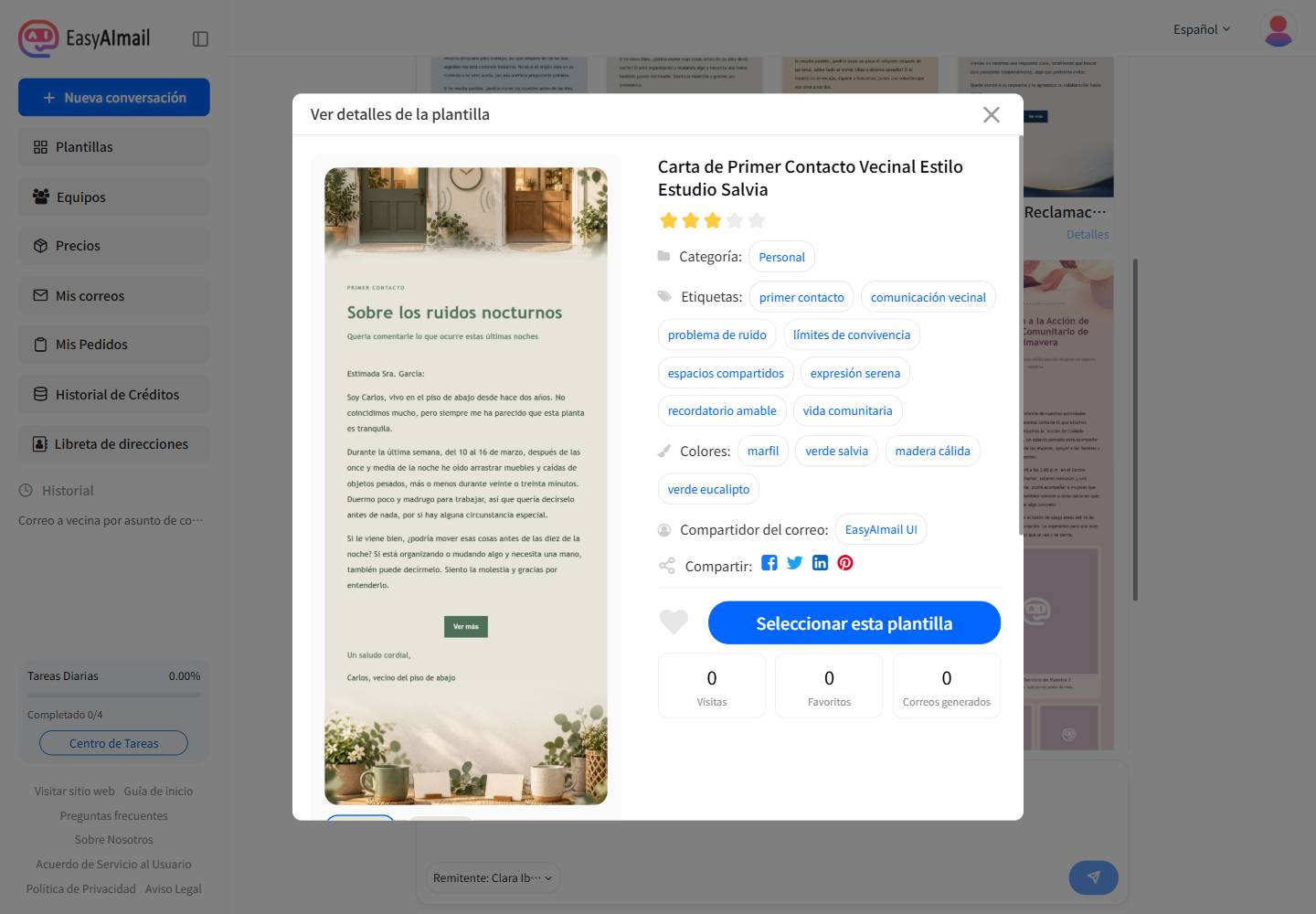 Detalles de la plantilla para un primer correo vecinal