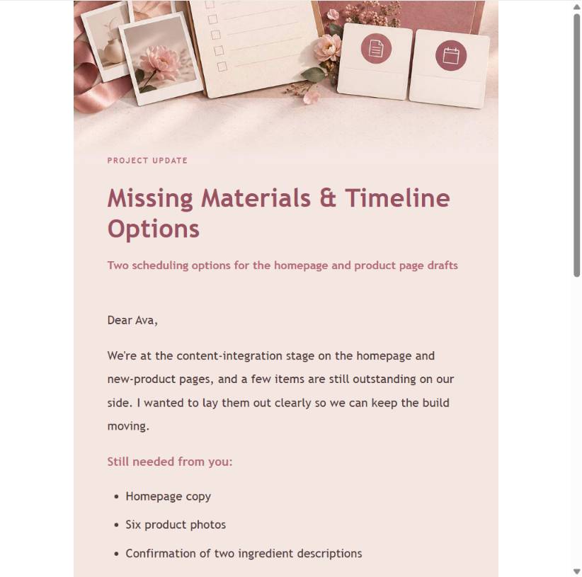 Soft client materials reminder email preview