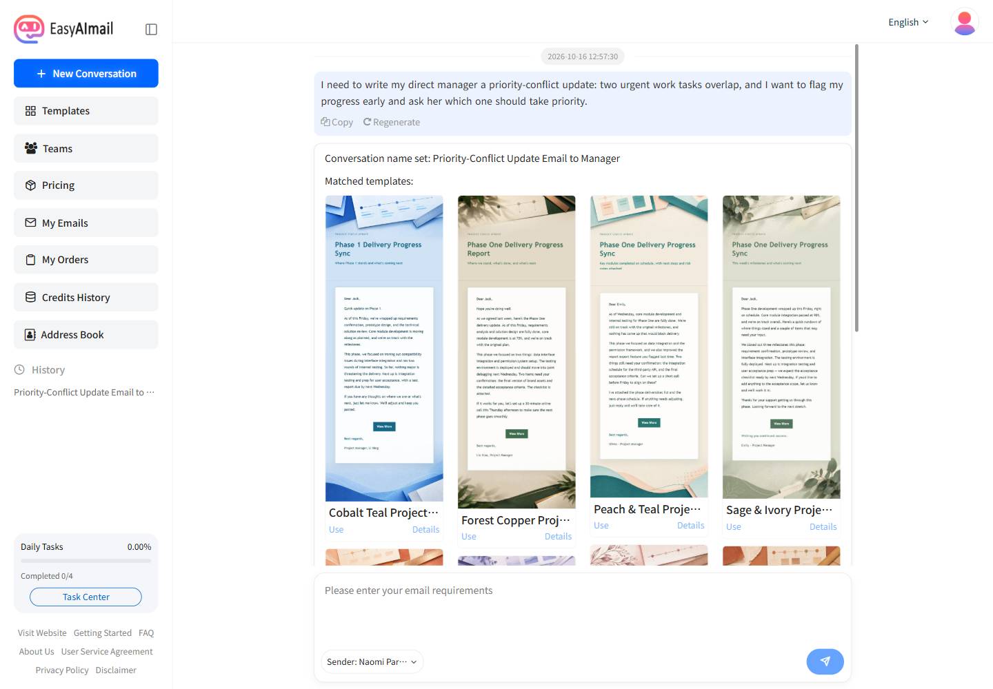 Template recommendations for a priority conflict email