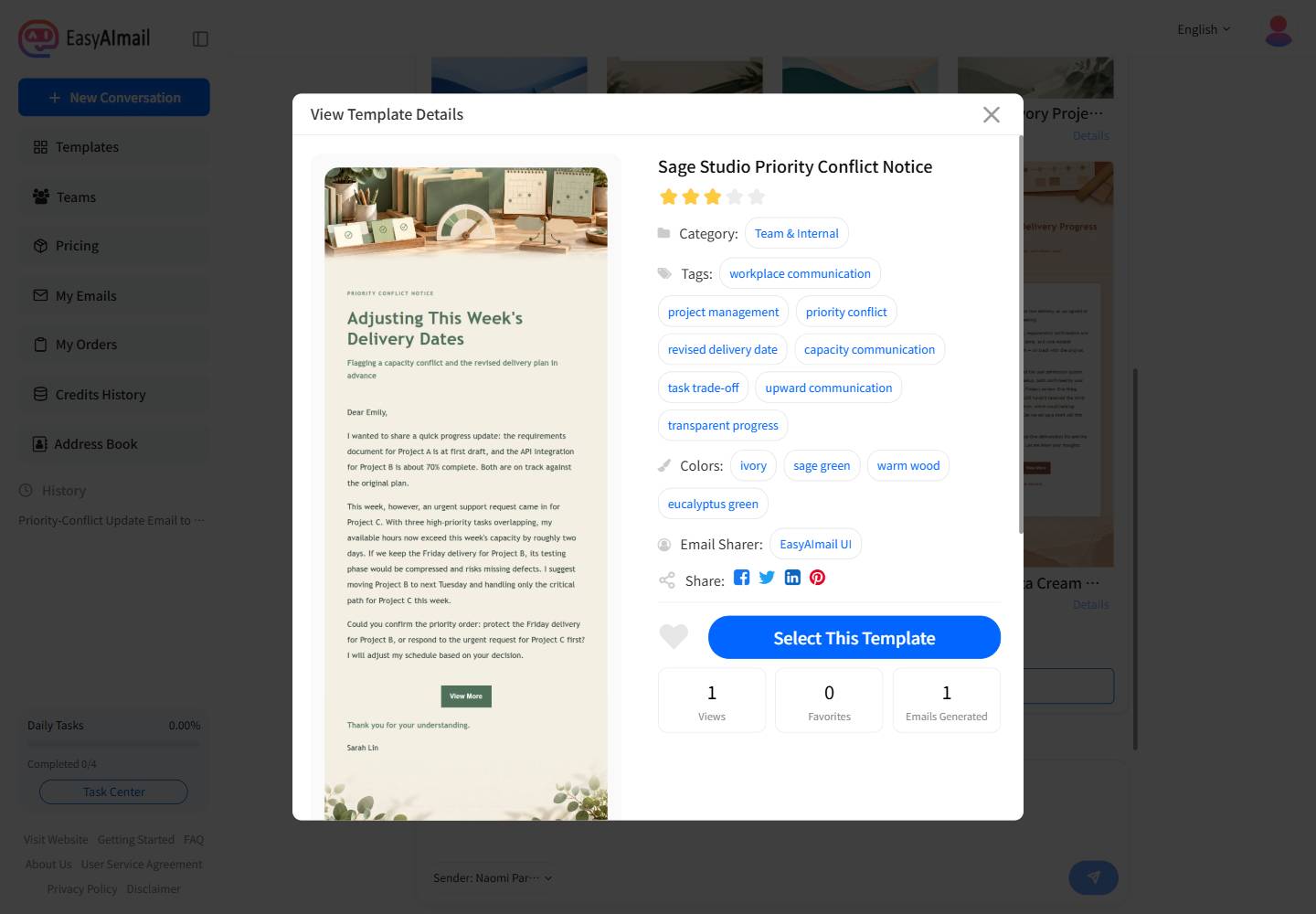 Template details for a priority conflict email