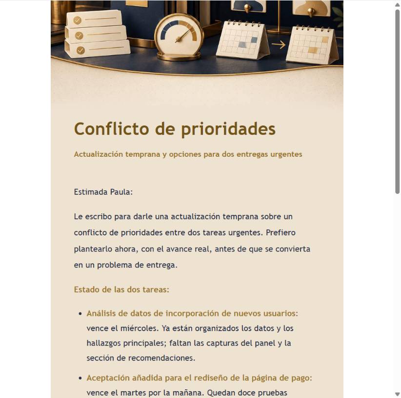 Vista previa estructurada del correo de conflicto de prioridades