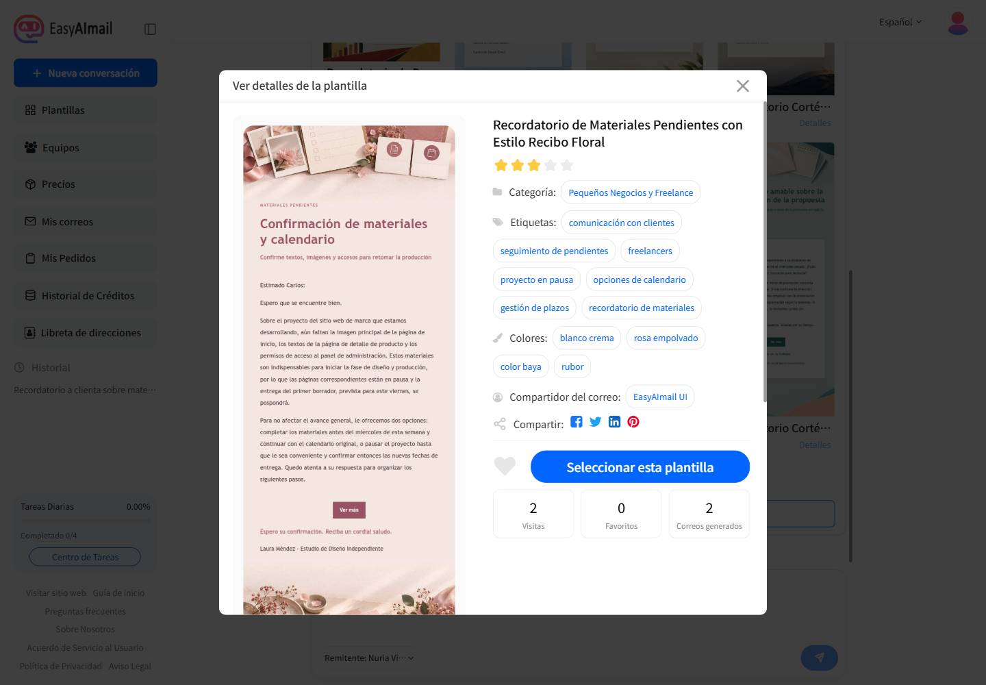 Detalles de plantilla para un correo de materiales pendientes