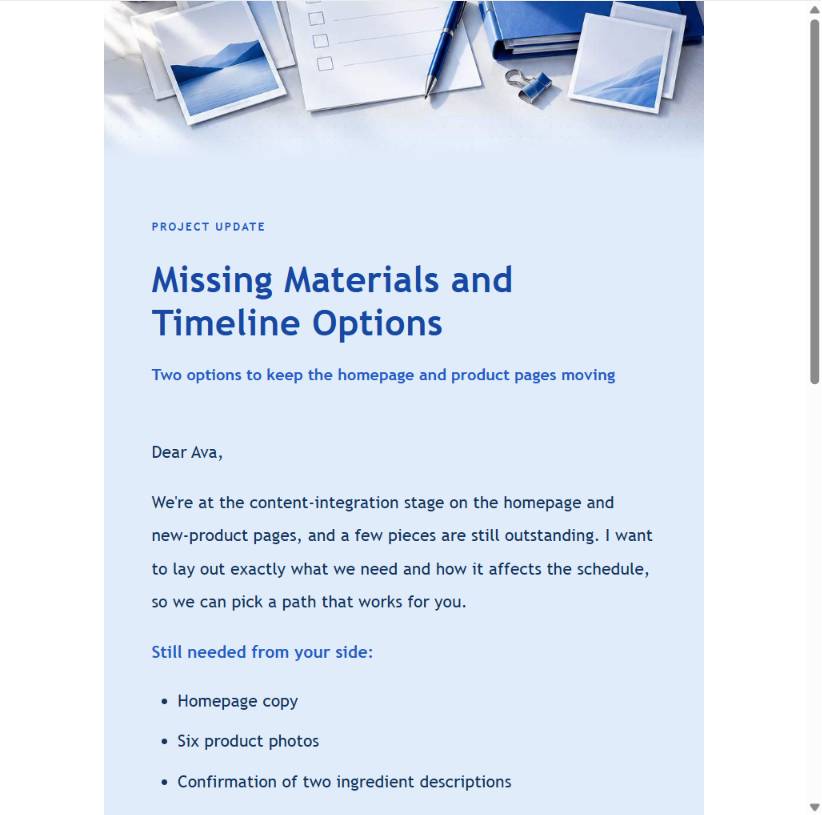 Editorial client materials reminder email preview
