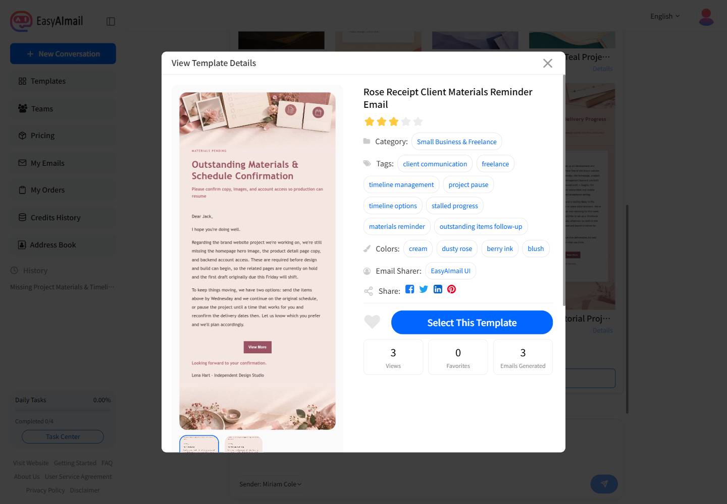 Template details for a missing-materials client email