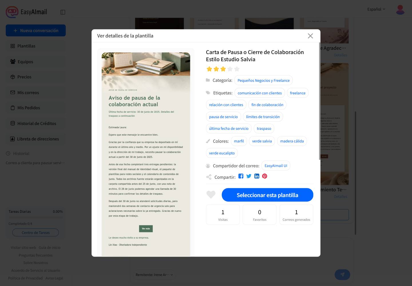 Detalles de plantilla para pausar servicios a una clienta actual