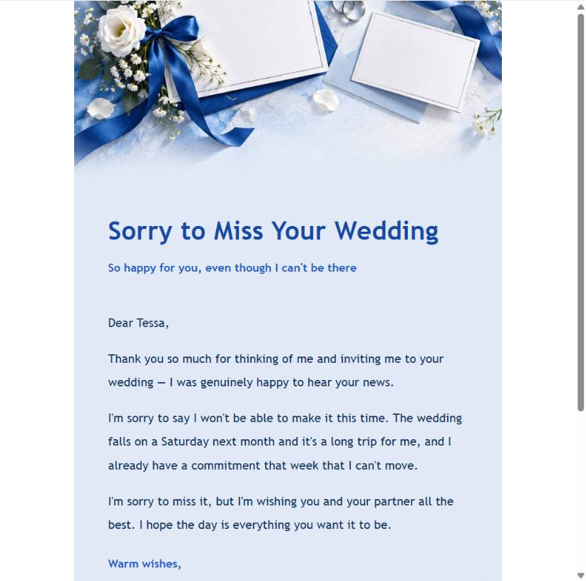 Restrained wedding decline email preview