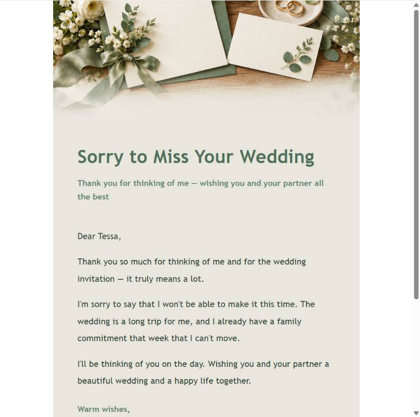 Soft wedding decline email preview