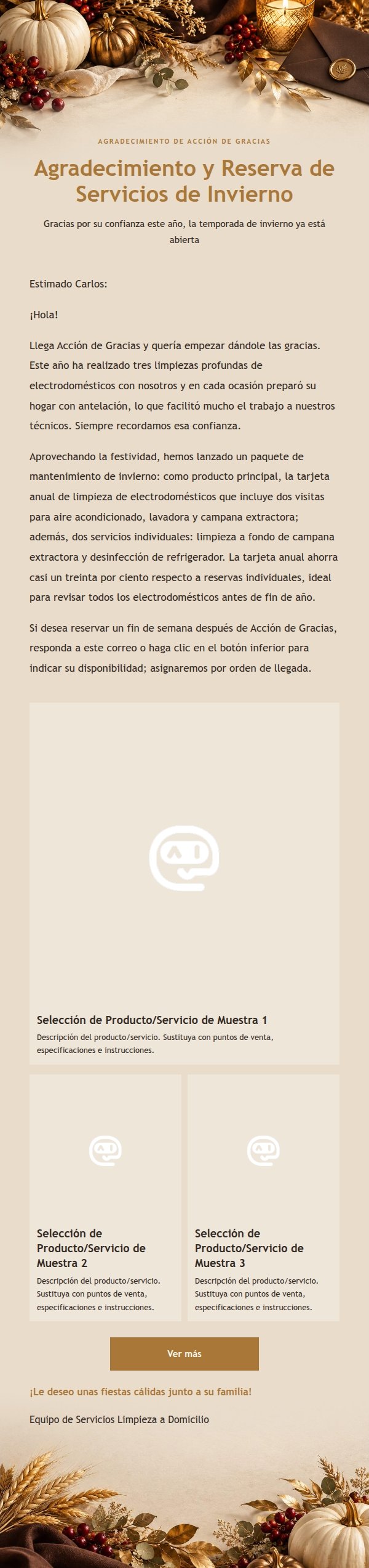 Correo de Agradecimiento y Promoción de Acción de Gracias con Filigrana Dorada