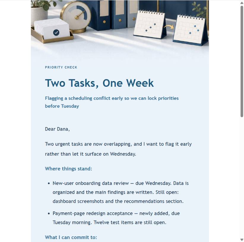 Structured priority conflict email preview