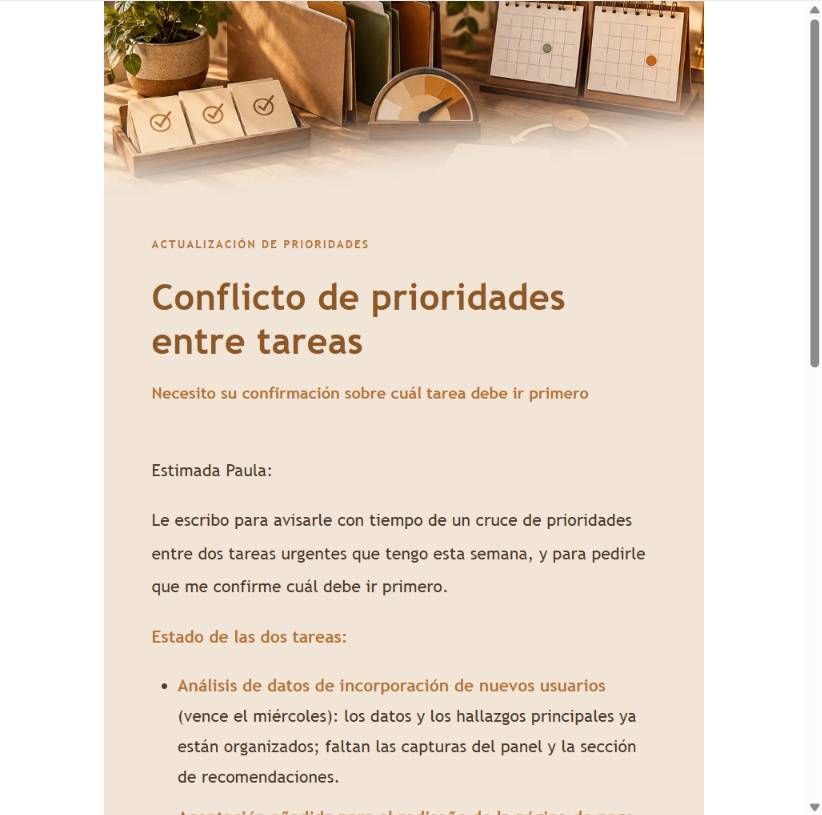 Vista previa editorial del correo de conflicto de prioridades