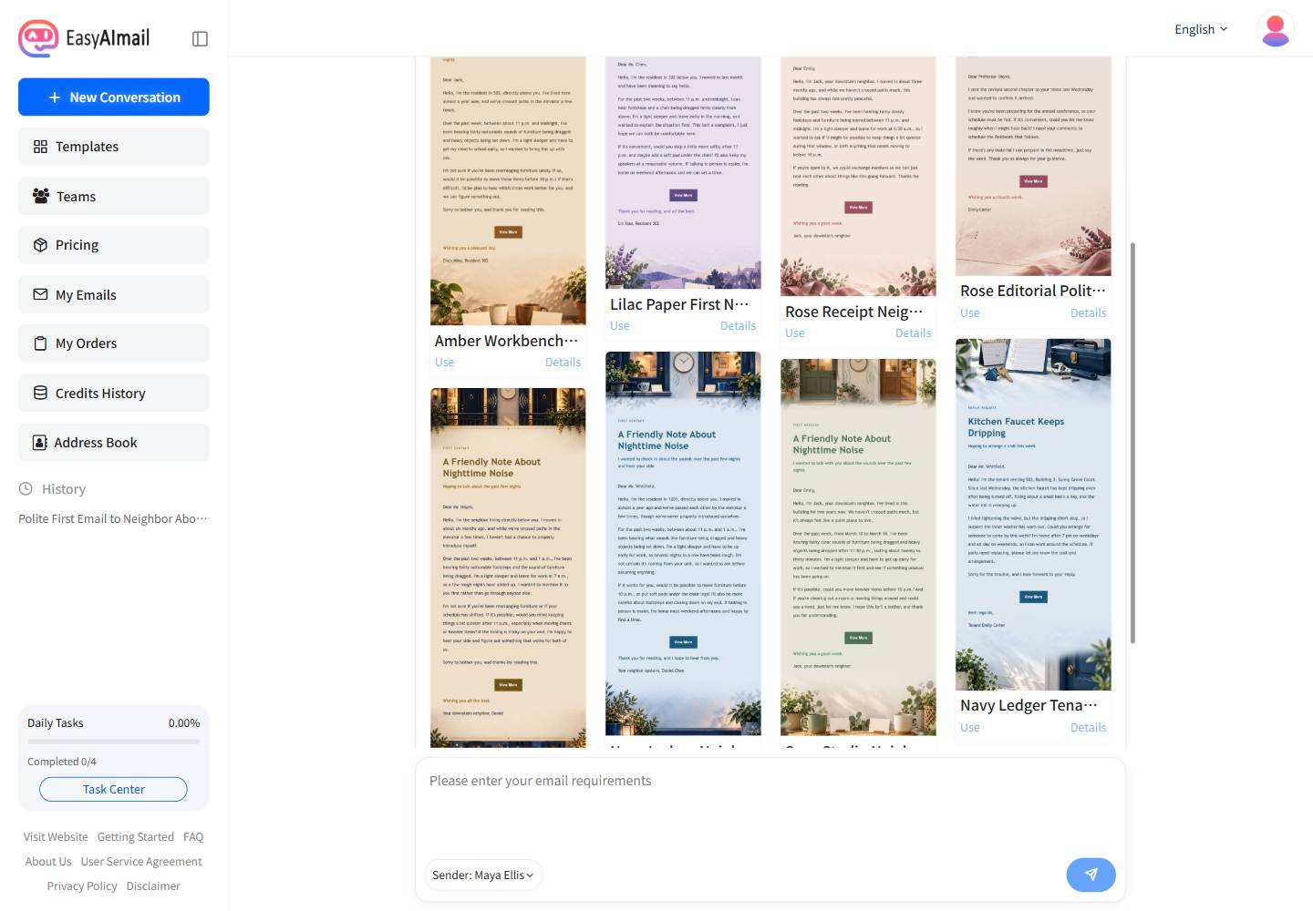 Template recommendations for a first email to a neighbor