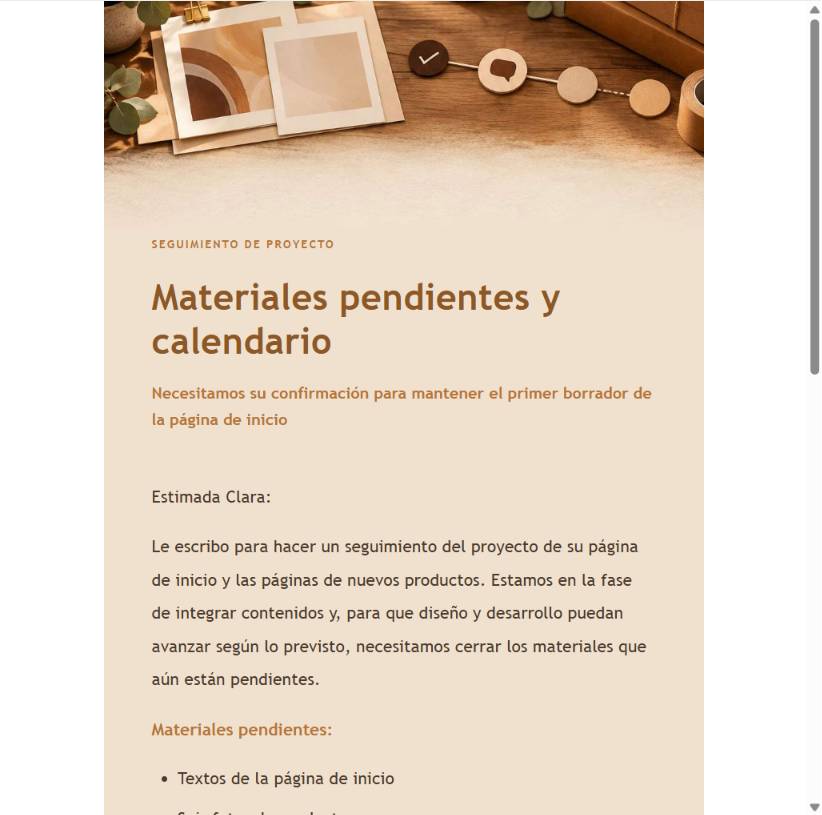 Vista previa estructurada de recordatorio de materiales pendientes