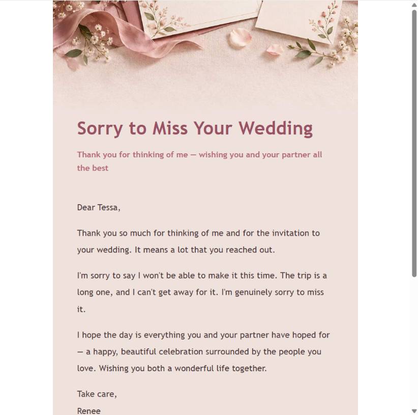 Warm editorial wedding decline email preview