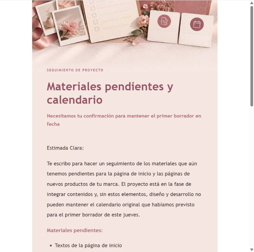 Cómo escribir a un cliente por materiales pendientes y opciones de calendario