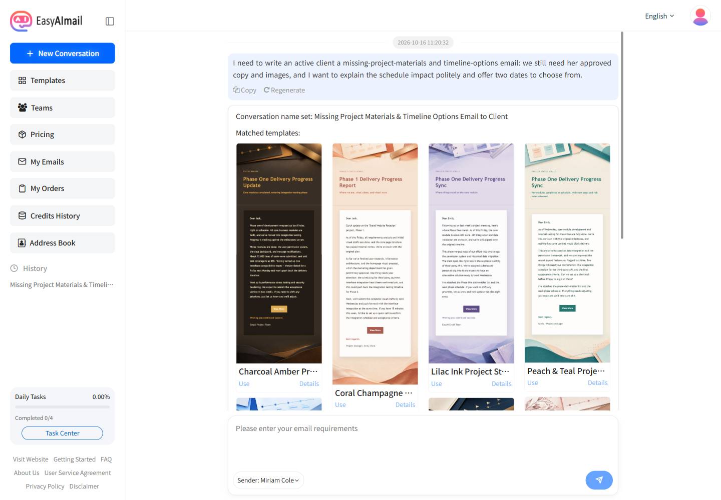 Template recommendations for a missing-materials client email