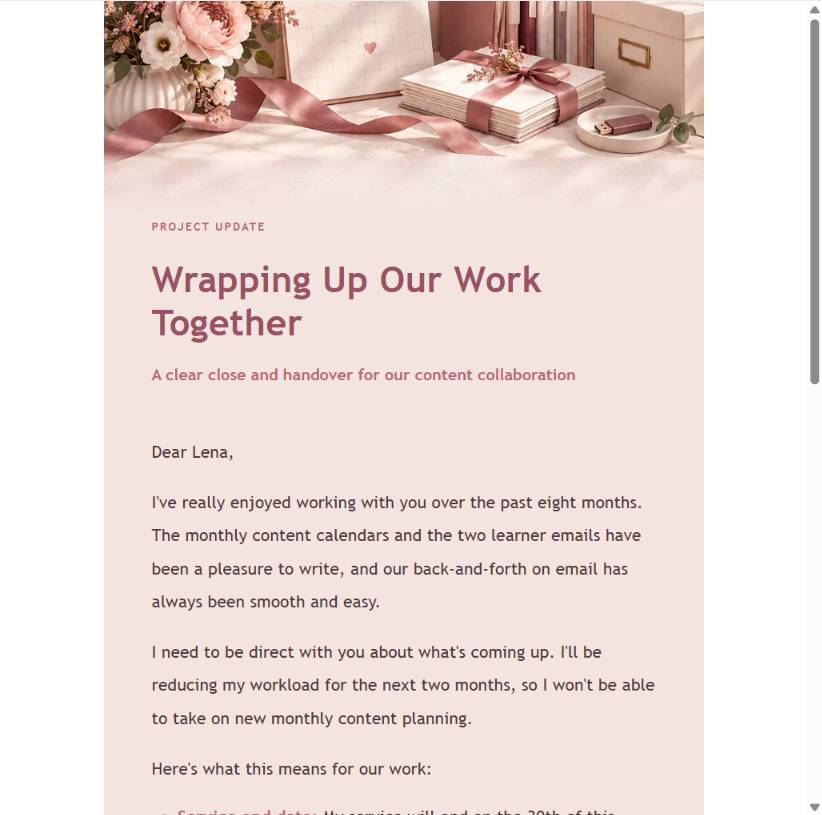 Editorial freelance service pause email preview
