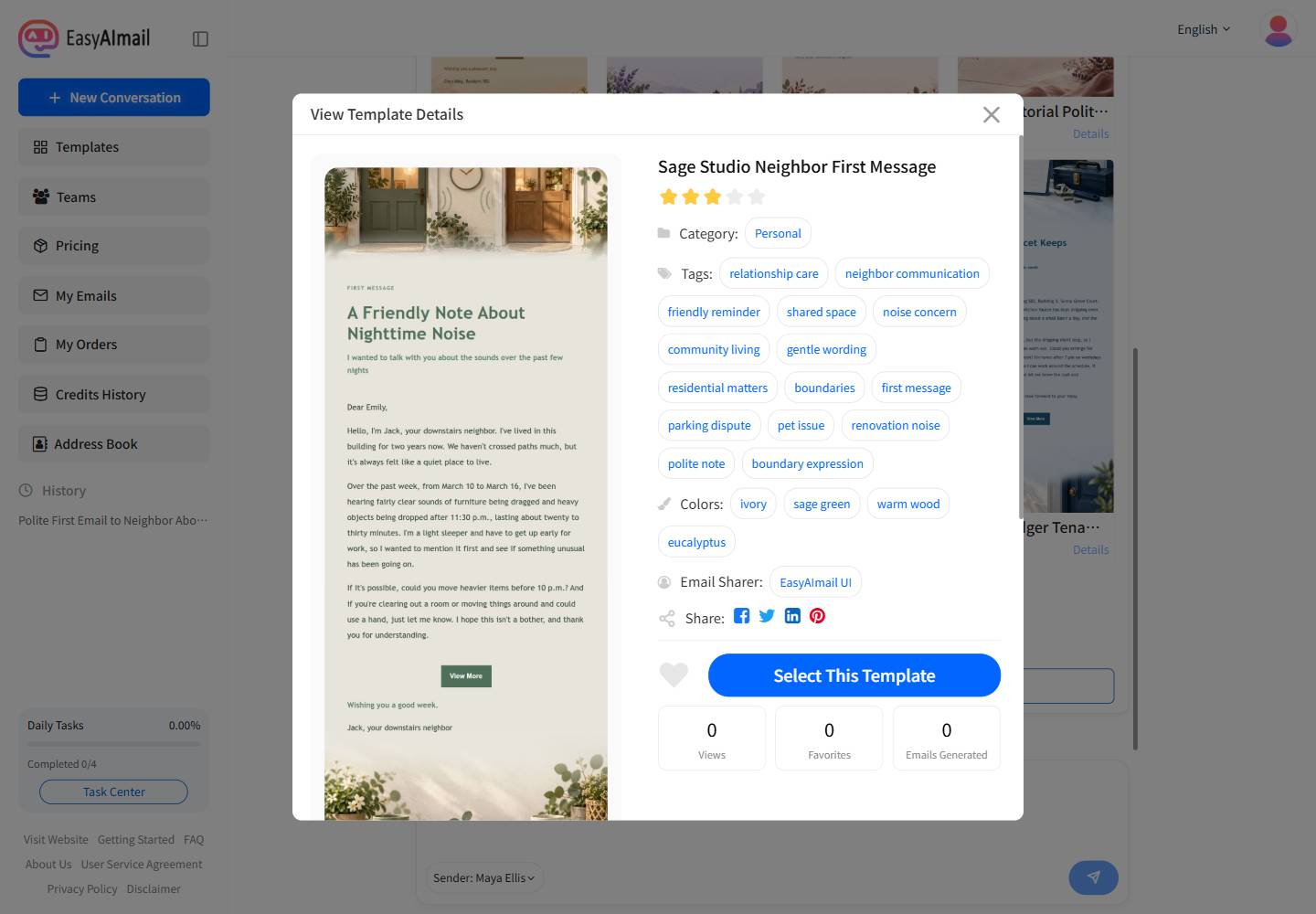 Template details for a first neighbor email