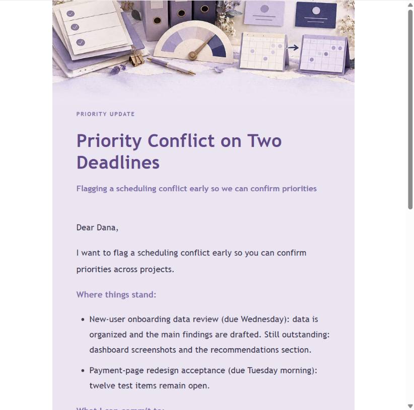 Editorial priority conflict email preview