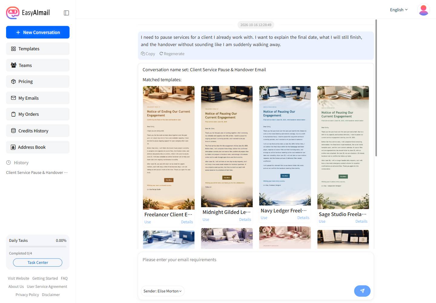 Template recommendations for pausing services with an active client