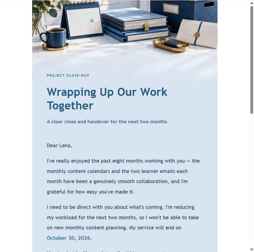 Structured freelance service pause email preview