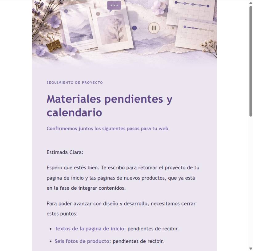 Vista previa editorial de recordatorio de materiales pendientes