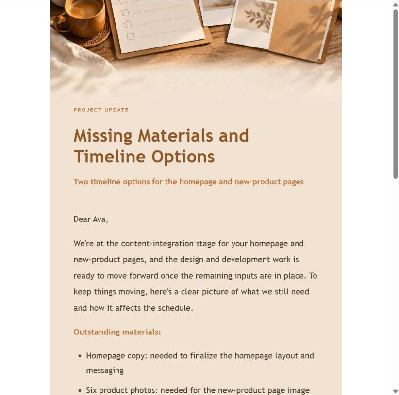 Structured client materials reminder email preview