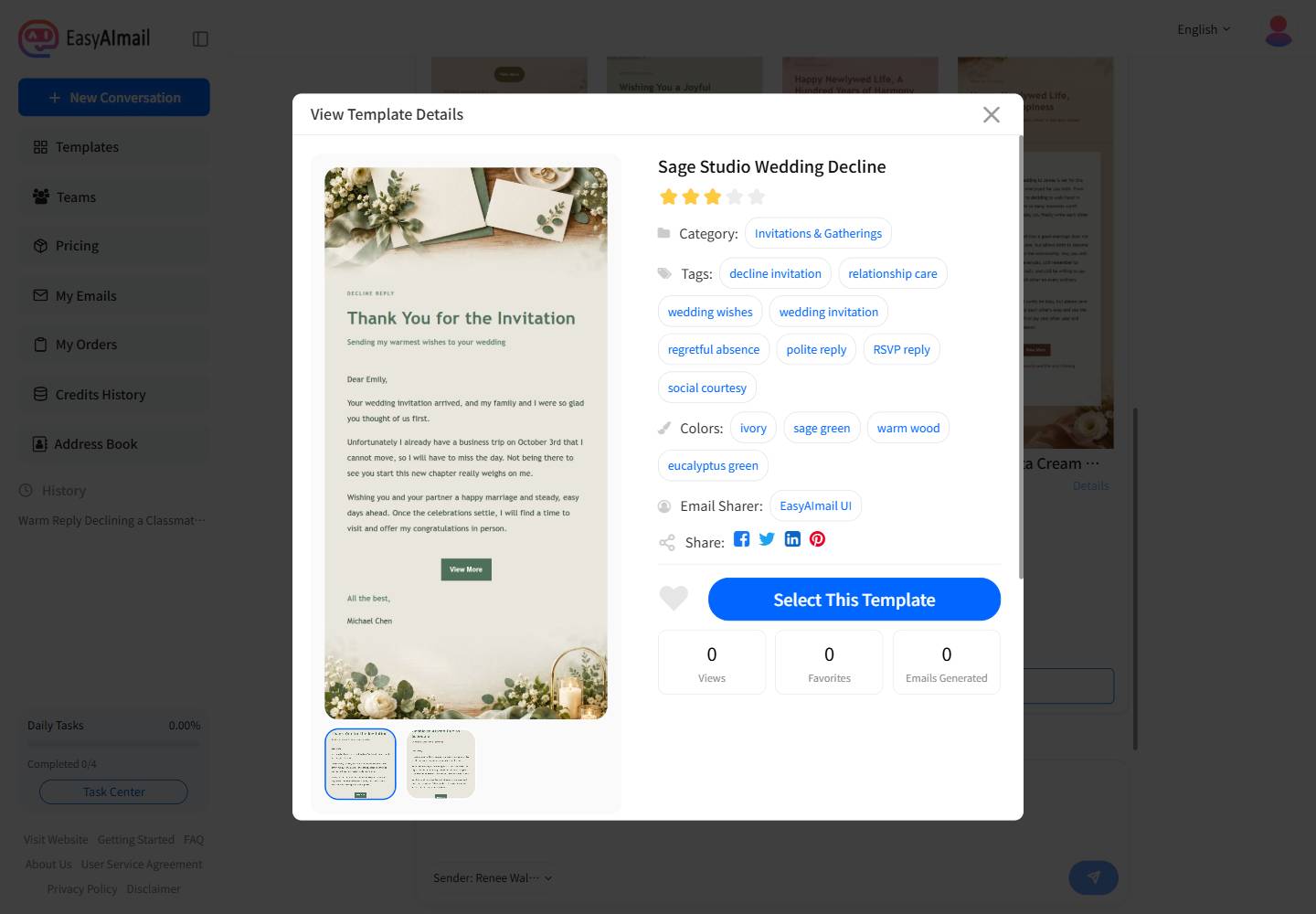 Template details for declining a wedding invitation