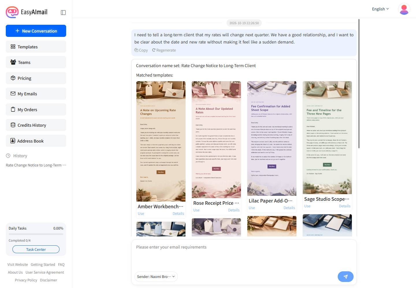 Template recommendations for a long-term client rate increase