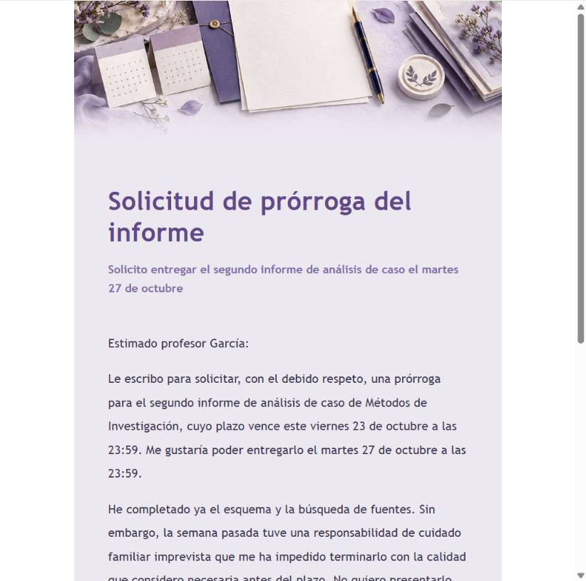 Vista previa final de un correo para solicitar prórroga de tarea