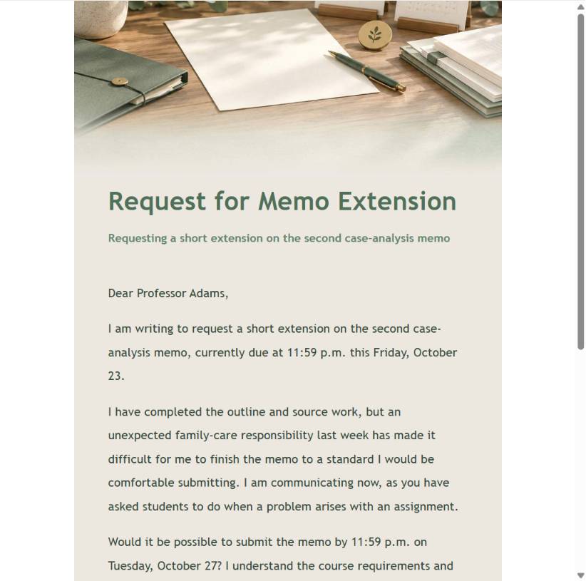 Final preview of an assignment extension request email
