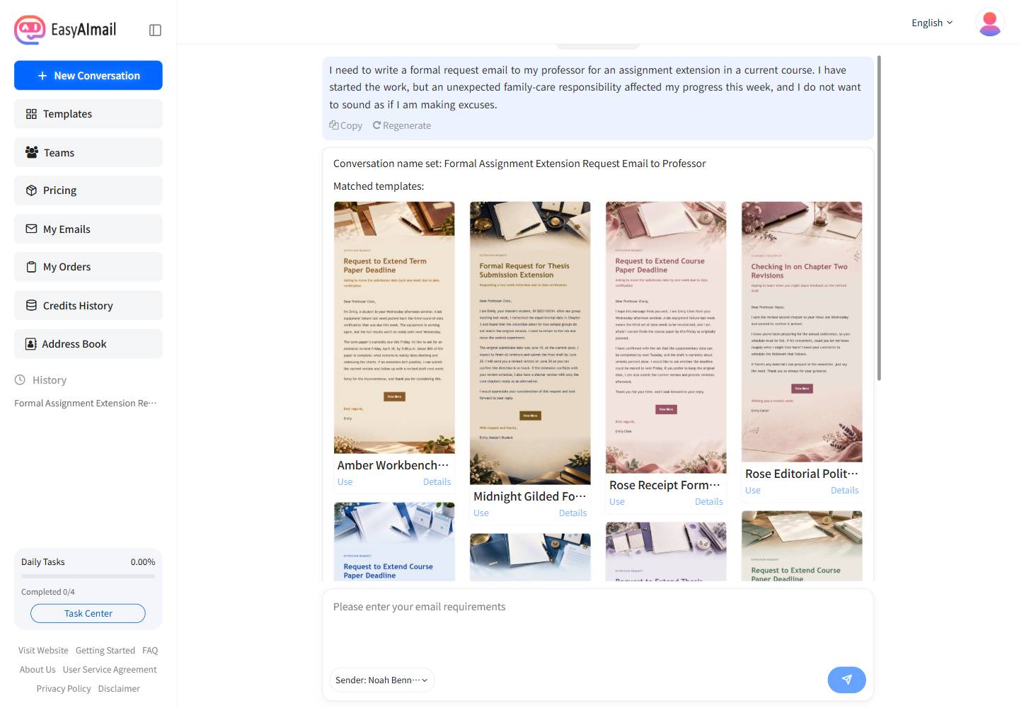 Template recommendations for an assignment extension request