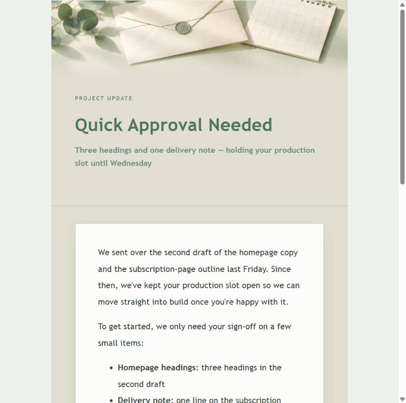 Final preview of a client approval reminder email