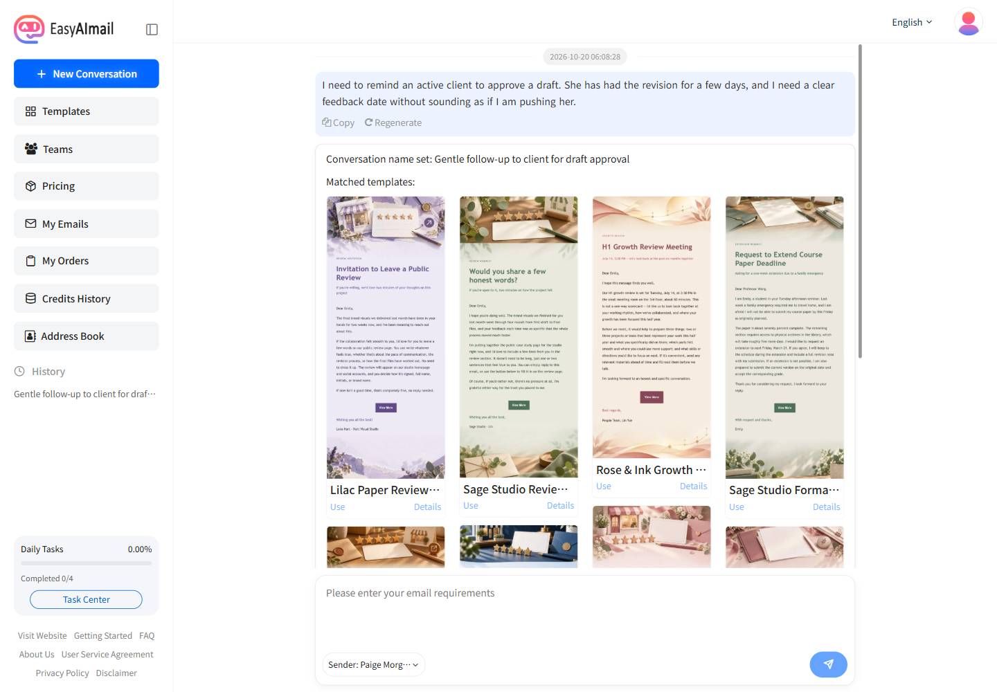 Template recommendations for a client approval reminder