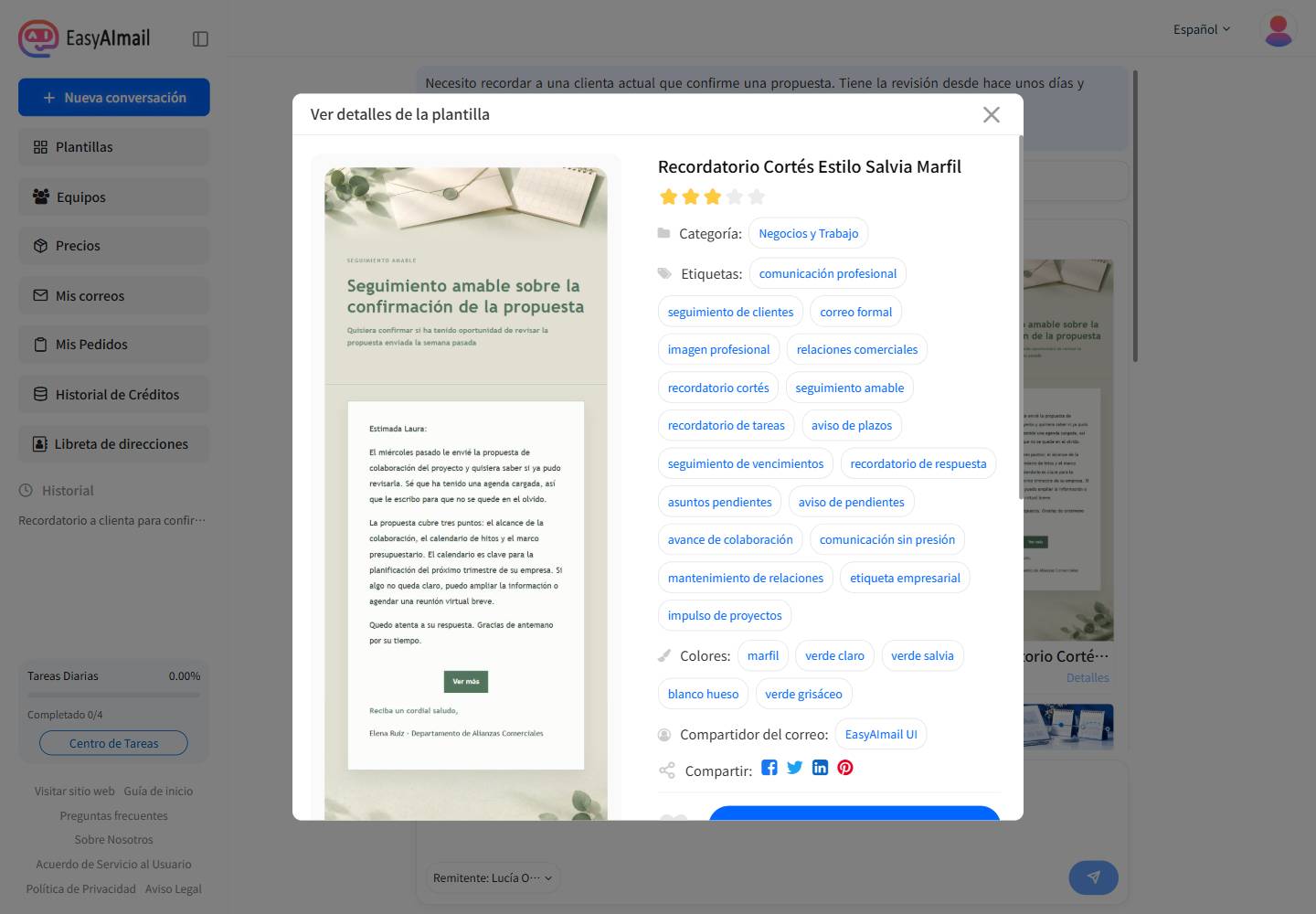 Detalles de la plantilla de recordatorio cortés salvia marfil