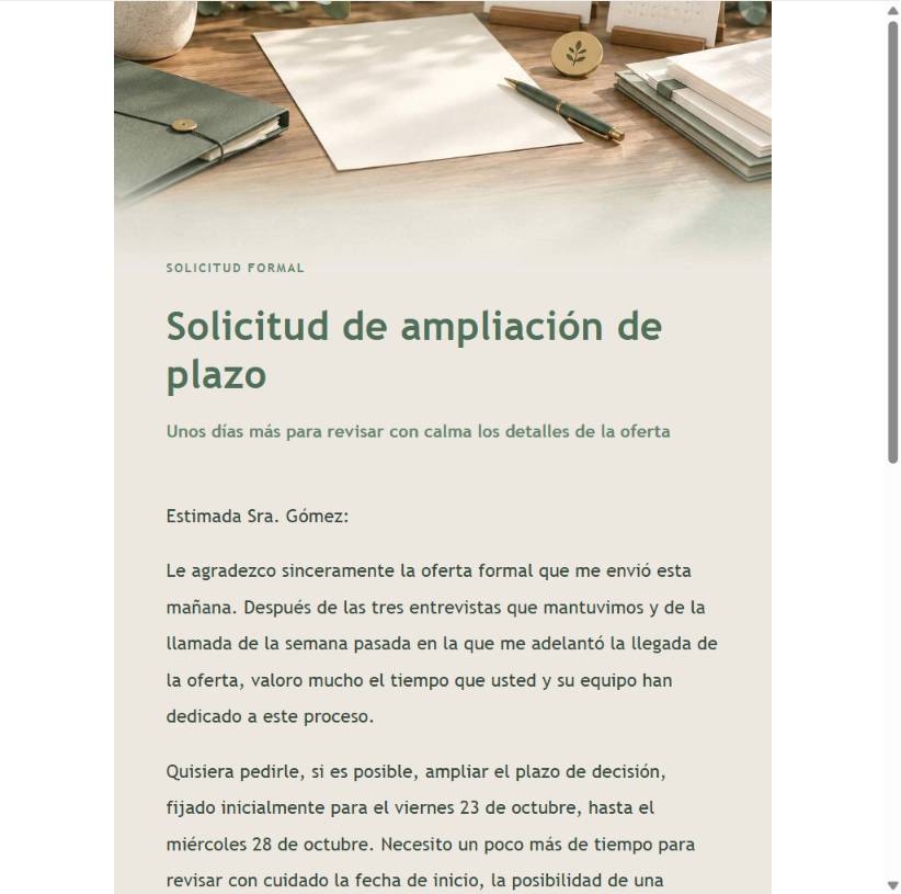 Vista previa final de un correo para ampliar el plazo de una oferta