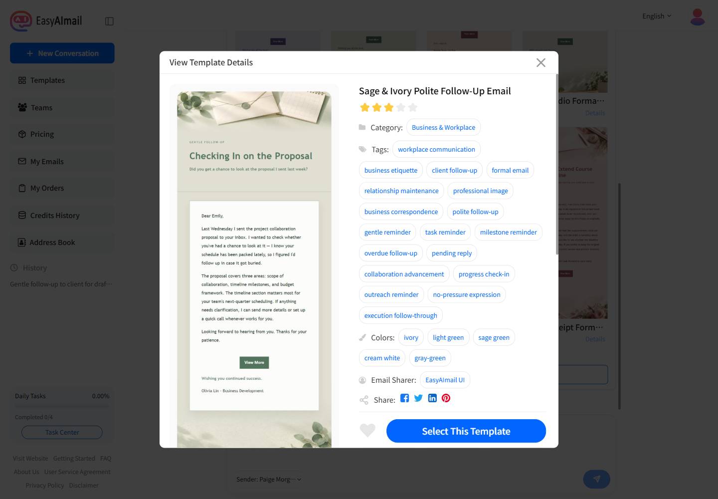 Sage and Ivory polite follow-up template details