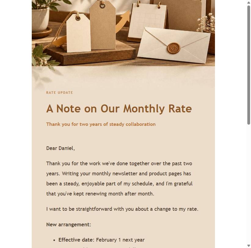 Final preview of a long-term client rate increase email