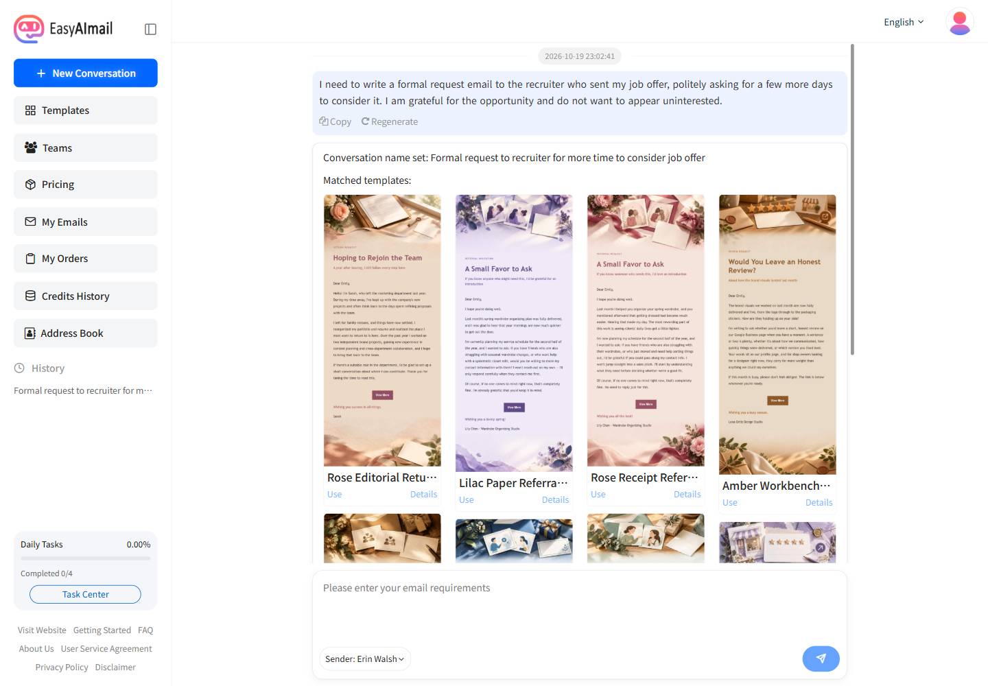 Template recommendations for an offer-decision extension