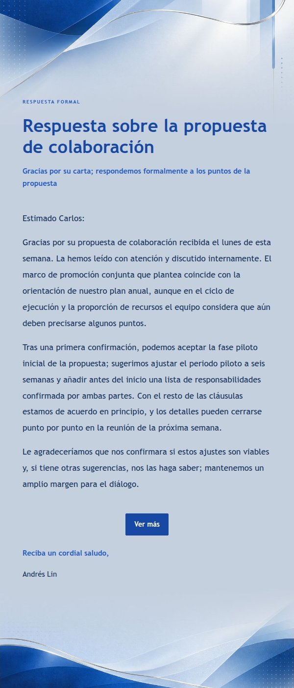 Respuesta Formal y Serena · Edición Moderna en Azul Cobalto